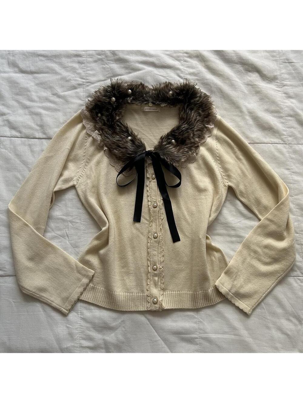 Axes Femme Cream Knit Cardigan Faux Fur Collar Pearl Ribbon Bow M Japan